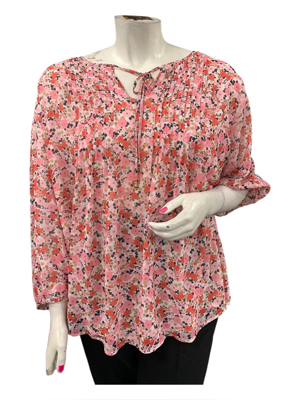 Tommy Hilfiger Pink Multi Floral Tie-Neck Blouse Size 3X
